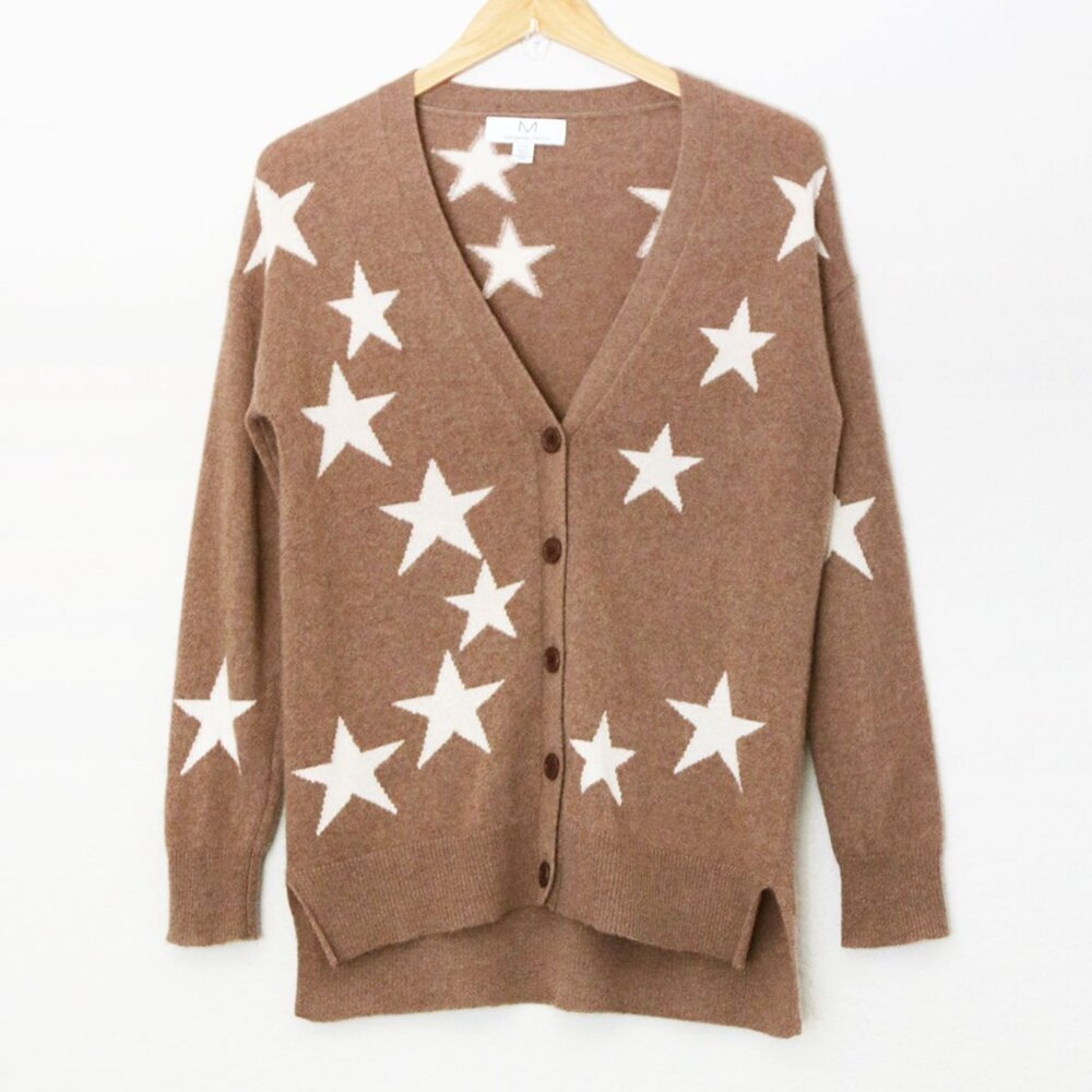 MAGASCHONI 100% Cashmere V-Neck Star Intarsia Longline Cardigan Camel S $295